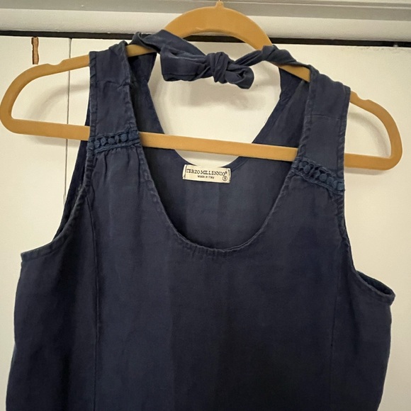 Terzo Millennio 100% Linen Made in Italy Dark Blue High-Low Dress - Picture 7 of 9